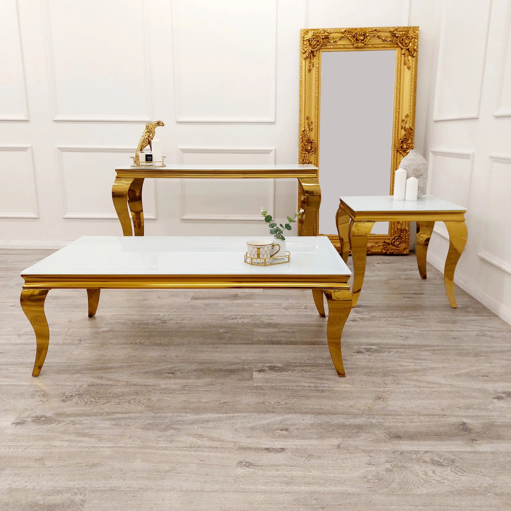 Louis Gold Console Table in White Glass Top
