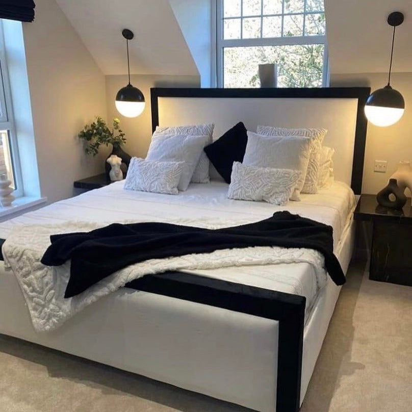 The Bespoke Monochrome Bed Frame With Black Fabric Border- Black & Cream Fully Customisable with Storage Options- Washington Black Border Range