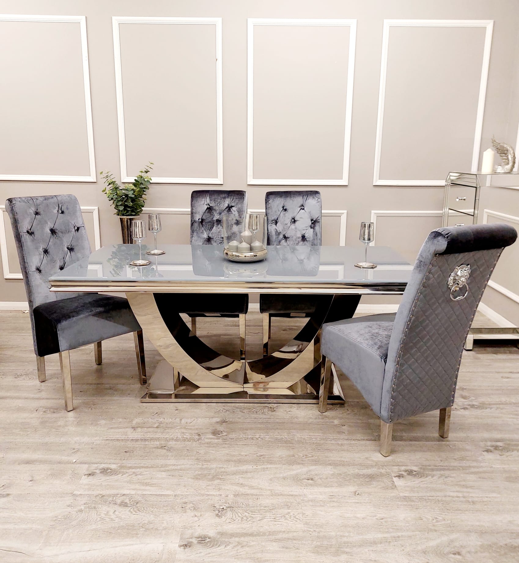 Arial Dining Table in Grey Glass with 4 Emma Grey Shimmer Chairs - ALL SIZES