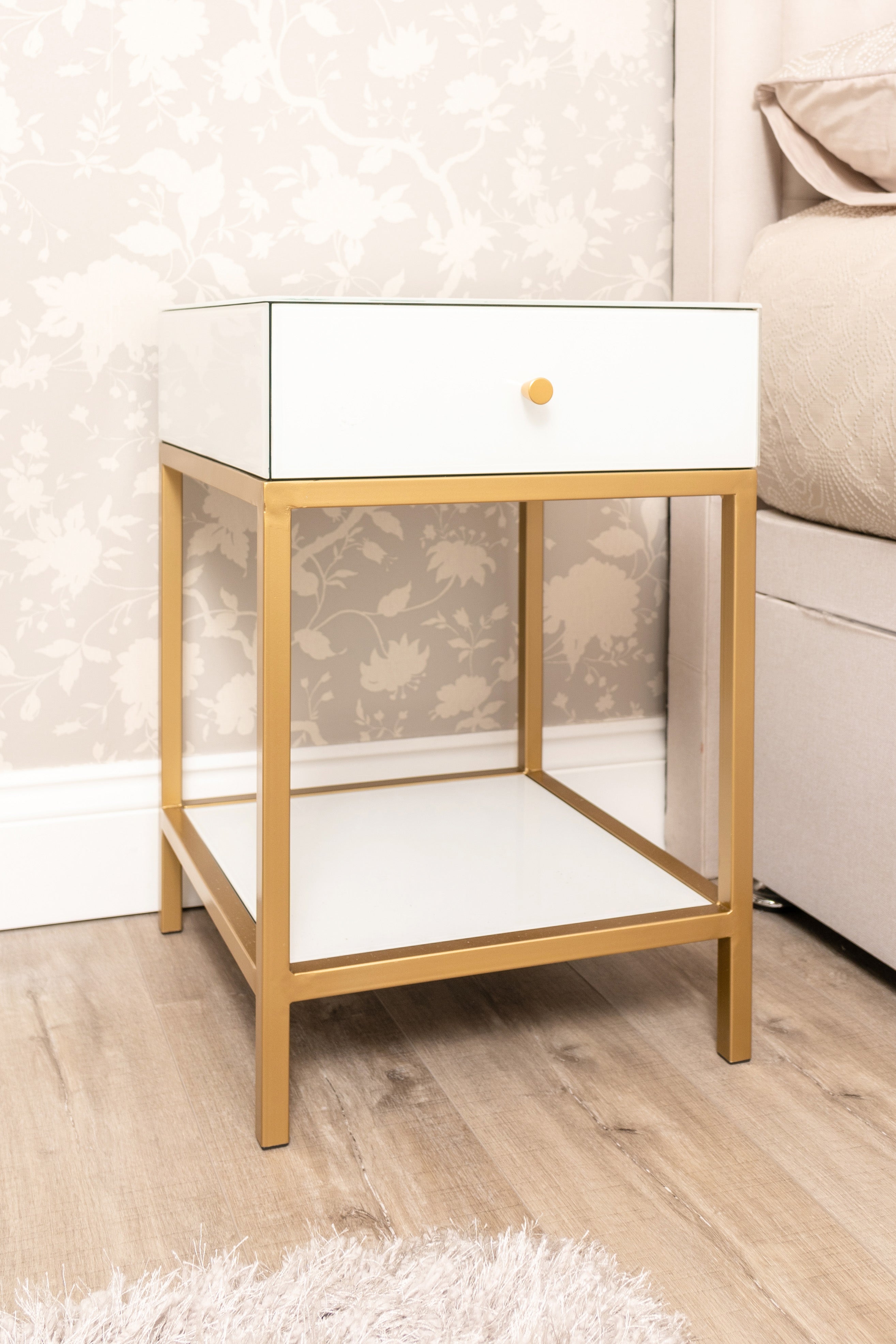 Dubai White & Gold One Drawer Luxury Bedside Table- Ready Assembled