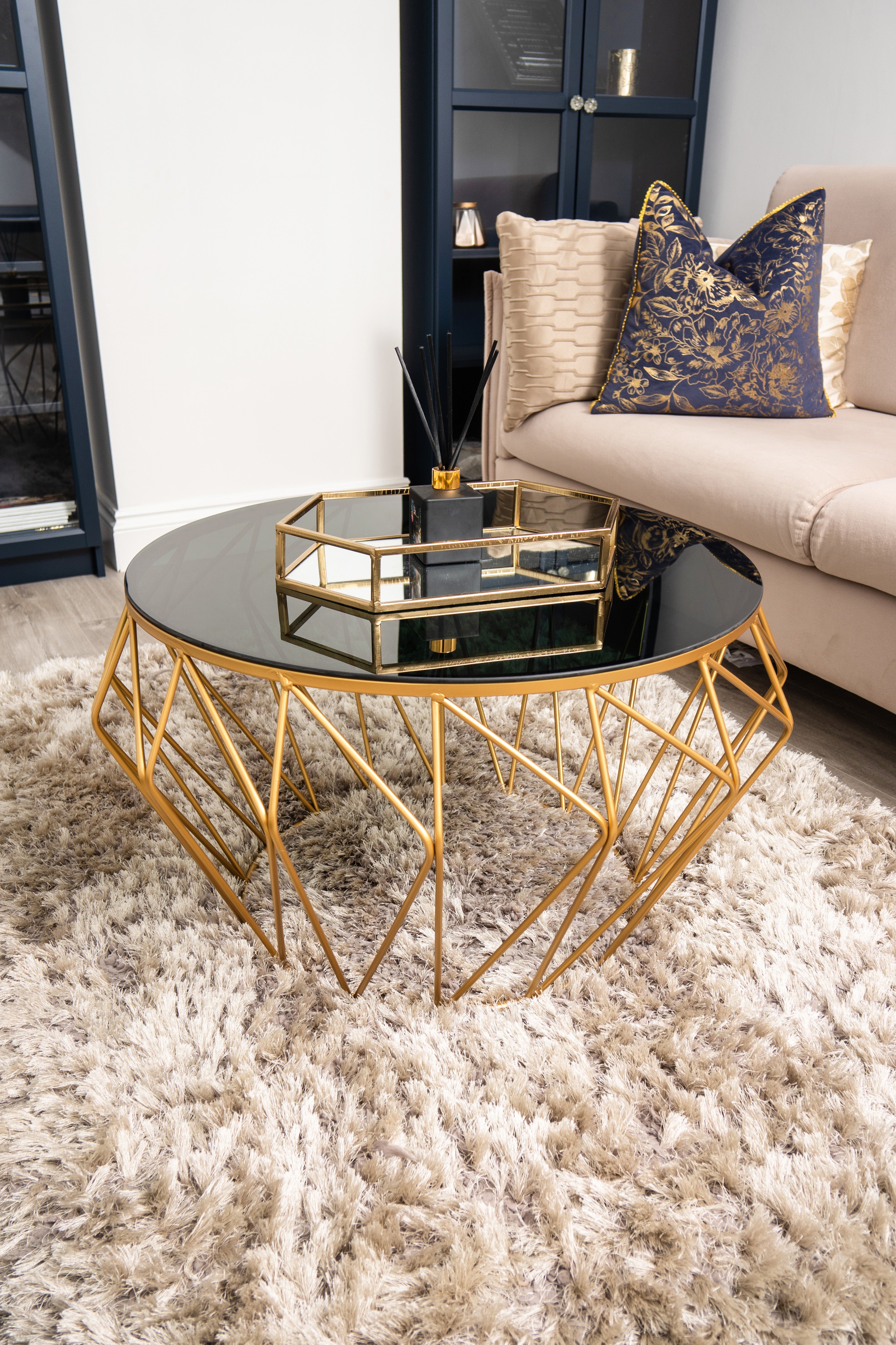 Vienna Black Glass & Gold Metal Round Luxury Coffee Table- Venus Collection Ready Assembled